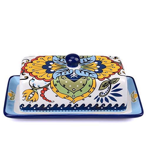 Handgezeichnete Keramik-Butterdose mit Deckel, Bauernhaus-Butterteller mit Deckel, Vintage-Käsebehälterhalter für Küchenarbeitsplatte, dekorativ, farbig, Landhausstil, Butterbehälter von Sbuxhrkid