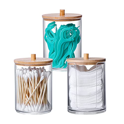 Qtip-Halter und Baumwoll-Padspender mit Bambusdeckel, kleine, transparente Acryl-Behälter für Wattestäbchen/Ball, Apothekergläser-Set für Badezimmer/Toilette/Schminktisch von Sbuxhrkid