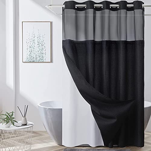 Scamzsure Duschvorhang mit weißem Futter,Anti-Schimmel Wasserdichter und Waschbar Duschvorhang für Badewanne,Textil aus Polyester Stoff und Mesh-Oberseite,schwarz 137×203 mit Groß Ösen von Scamzsure