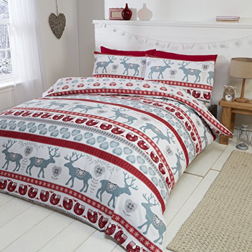 Scandi 100% gebürsteter Baumwolle Feinbiber Bettwäsche Quilt Bettbezug und 2 Kissenbezüge Bett-Set, Rot/Mehrfarbig, Super King von Scandi