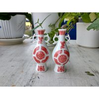 Paar Franklin Minze Miniatur Vasen, Rot Weiß, Dekor, Geschenk, Asiatisch von Scandinaviafinds