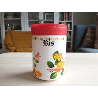 Per Alimenti, Italien, Reisdose, Floral, Milchglas, Rot Weiß, Vintage Küche von Scandinaviafinds