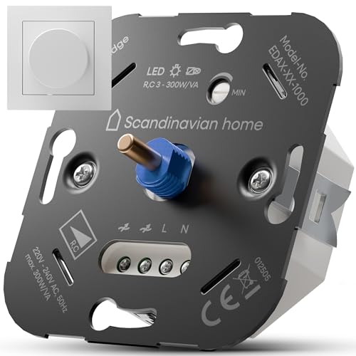 Scandinavian home Dimmer für LED Lampen 3-300W / VA - Universeller LED Dimmer Schalter mit Phasenabschnitt, Standardmaß 55 - Unterputz LED Dimmer 230V Dimmschalter Drehdimmer - Blende Weiß Glänzend von Scandinavian home Lysea