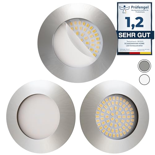 Scandinavian home 3er Set LED Einbaustrahler 230V 4,5W Warmweiß 60mm - 70mm I Badezimmer geeignet I CRI 90 500lm 3000K 68mm I Edelstahldesign mit Milchglas I LED Spot Deckeneinbauleuchte flach von Scandinavian home Lysea