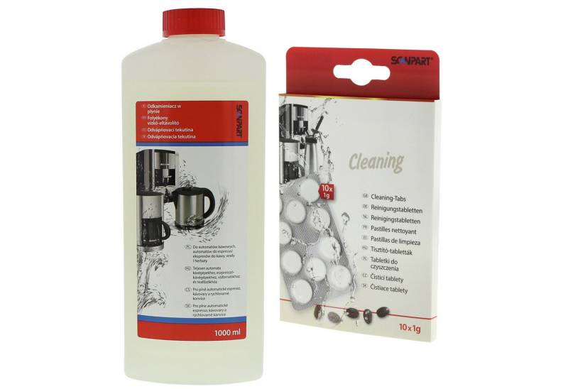 Scanpart Entkalker + Reinigungstabletten für Kaffeemaschinen Reinigungstabletten (Entkalker 1 Liter + 10 Tabletten zur Reinigung) von Scanpart