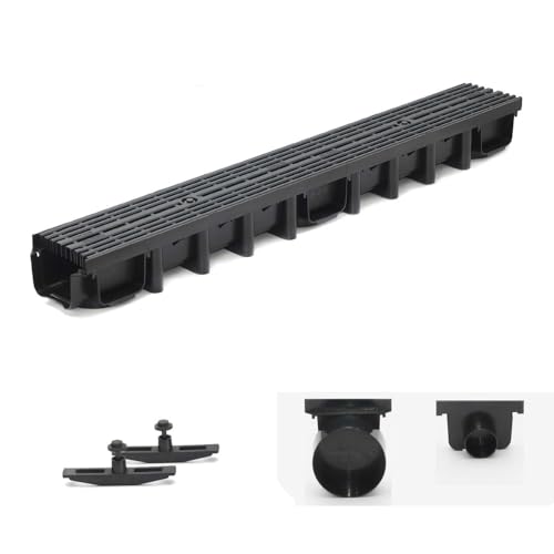 ScarMaxx - 1m Entwässerungsrinne Set - Bodenrinne - Regenwasser Ablauf - Abfluss mit Gitter - A15 Bauhöhe 98mm - Komplett SET - Längsstabrost Line Schwarz - 13x100x9,8cm von ScarMaxx