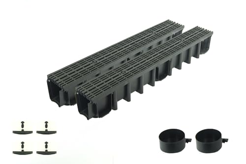 ScarMaxx - 2m Entwässerungsrinne Set - Bodenrinne - Regenwasser Ablauf - Abfluss mit Gitter - A15 Bauhöhe 148mm - Komplett Set - Längsstabrost Line Schwarz - 13x200x14,8cm von ScarMaxx