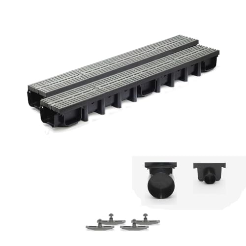 ScarMaxx - 2m Entwässerungsrinne Set - Bodenrinne - Regenwasser Ablauf - Abfluss mit Gitter - A15 Bauhöhe 98mm - Komplett Set - Längsstabrost Line Grau - 13x200x9,8cm von ScarMaxx