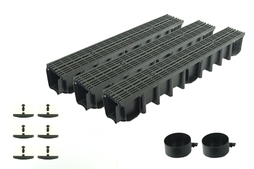 ScarMaxx - 3m Entwässerungsrinne Set - Bodenrinne - Regenwasser Ablauf - Abfluss mit Gitter - A15 Bauhöhe 148mm - Komplett Set - Längsstabrost Line Schwarz - 13x300x14,8cm von ScarMaxx