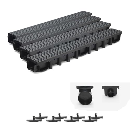 ScarMaxx - 4m Entwässerungsrinne Set - Bodenrinne - Regenwasser Ablauf - Abfluss mit Gitter - A15 Bauhöhe 98mm - Komplett Set - Längsstabrost Line Schwarz - 13x400x9,8cm von ScarMaxx