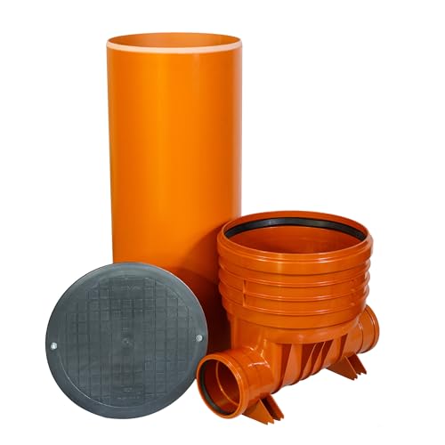 ScarMaxx - Schachtsystem Set - Kontrollschacht DN 400 - PVC Kunststoffrohr, Schachtböden gerade, 1 m Rohr, Deckel Voll Rund, Höhe 129 cm, Breite 62,5cm - 2x DN160 - Ohne Reduzierung von ScarMaxx