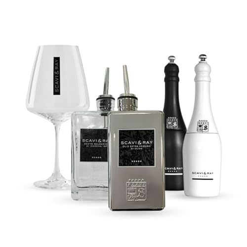 SCAVI & RAY Gusto Medio Salz- und Pfeffermühlen + Essig und Öl Menagen + Tiziana Weingläser 6er Set [Spar-Paket] von Scavi & Ray