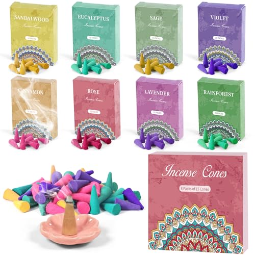 Räucherkegel 120st, Gemischte Düfte Räucherkerze mit 1 Räucherstäbchenhalter, Rose, Salbei, Lavendel, Veilchen, Zimt, Eukalyptus, Eukalyptus, Regenwald, für Aromatherapie Luftreinigung von Scent-Hi