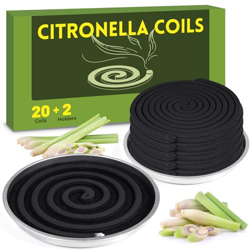 Scent-Hi Citronella Räucherspirale, 8-10 Std. Dauerbrand, Zitronengras Coils für Innen und Draußen, Garten, Balkone, 2 Metallschalen, 2 Flammhemmende Filzsteine, 20 Spulen von Scent-Hi