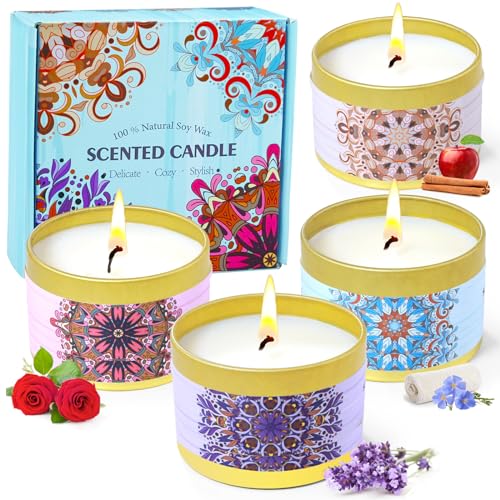 Scent-Hi Duftkerzen Geschenkset, Sojawachs Kerze in Dose für Aromatherapie - Leinen, Apfel Zimt, Lavendel & Vanille, Rose & Sandelholz, 4 x 70g von Scent-Hi