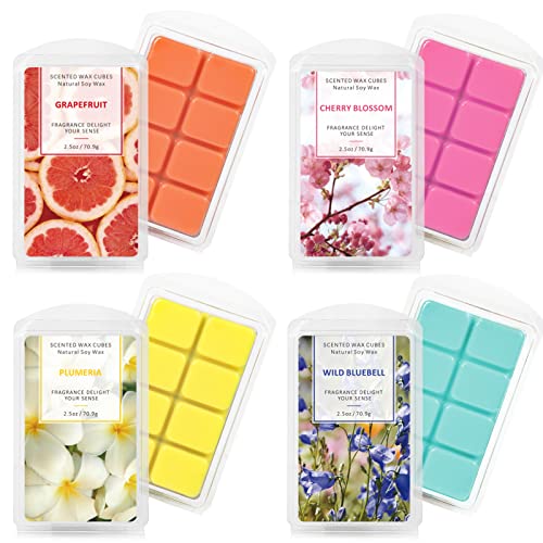 Scent-Hi Duftwachswürfel, Wachswürfel, 100% Sojawachs-Würfel, für Heimdekoration Wachserwärmer, 4 x 2,5 oz, Grapefruit, Kirschblüten, Wildhyazinthe, Plumeria Duftwachs von Scent-Hi