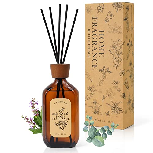 Raumduft Diffuser mit Stäbchen 120 ml - Eukalyptus-Salbei - Natürlich, Langanhaltend, fur Raum, Zuhausem, Büro, Spa mit 6 Duftstäbchen - Raumduft-Set von Scent-Hi