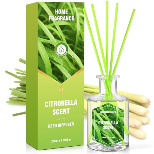 Scent-Hi Zitronengras Diffusor 200 ml mit 6 Rattanstäbchen, Schlafzimmer Badezimmer Regal Dekor Büro Dekoration von Scent-Hi
