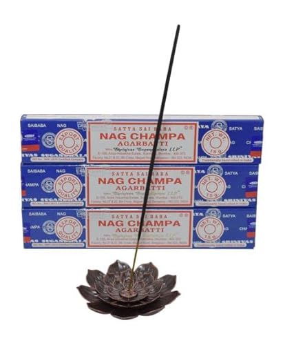Starterset: 3X Nag Champa Räucherstäbchen Satya + hochwertigen Messing Räucherstäbchenhalter von Scentolino