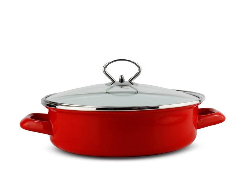 Schäfer Elektronik Servierpfanne Servierpfanne Bräter "Metallic Rot" Glasdeckel Emaillepfanne, robuste Stahllegierung (24 cm/H 7 cm, 2,2 Liter), herrvoragende Wärmediffusion von Schäfer Elektronik