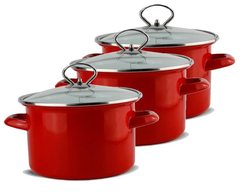Schäfer Elektronik Topf-Set 3tlg. Töpfe ⌀ 20, 24 und 28 cm Metallic-Rot, Emaille, robuste Stahllegierung (Kapazität: 2,5, 4,5 und 7 Liter), Deckel aus Sicherheitsglas von Schäfer Elektronik
