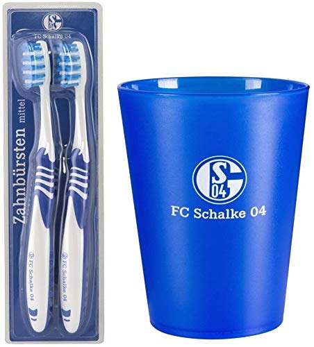 FC Schalke 04 Zahnpflege-Set (2 x Zahnbürste + Zahnputzbecher), Zahnputz-Set S04 - Plus Lesezeichen I Love Gelsenkirchen von Schalke S04