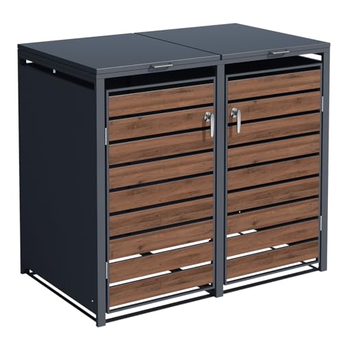 SCHARTEC® Mülltonnenbox 2er anthrazit mit dunklem Holz-Design erweiterbar 240l Mülltonnenverkleidung Mülltonnen Sichtschutz Unterstand für 2 Tonnen von Schartec