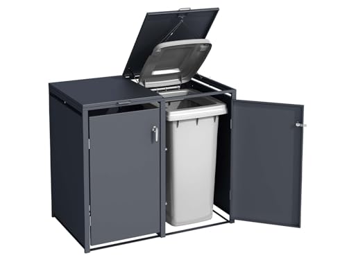 SCHARTEC® Mülltonnenbox 2er in anthrazit Einhandbedienung & erweiterbar 240l Mülltonnenverkleidung Mülltonnen Sichtschutz Unterstand von Schartec