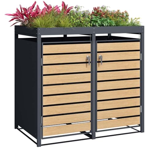 SCHARTEC Mülltonnenbox 2er anthrazit mit Holz-Design und Pflanzendach erweiterbar 240l Mülltonnenverkleidung mit Pflanzenkasten Mülltonnen Sichtschutz Unterstand für 2 Tonnen von Schartec