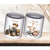 Spardose Personalisiert Mit Namen/ Geschenk Zur Taufe/ Geburt/Bauernhof Traktor von SchatzGeschenke