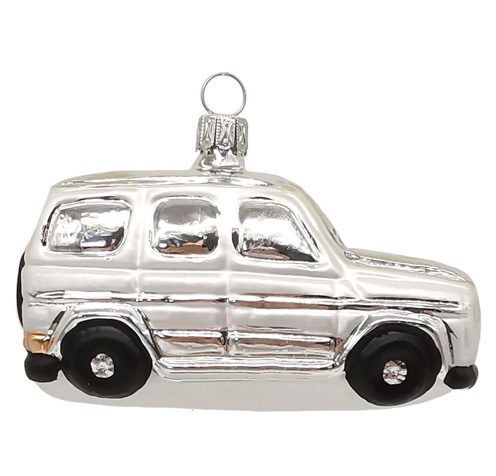 Schatzhauser Christbaumschmuck Geländewagen weiß/silber 10cm (1-tlg), mundgeblasen, handbemalt von Schatzhauser