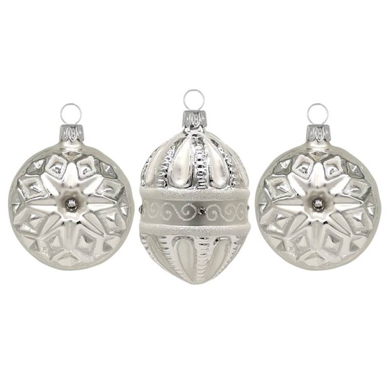Schatzhauser Christbaumschmuck Silberform Ornamente-Set, 3tlg. 6-7cm (3-tlg), mundgeblasen, handbemalt von Schatzhauser