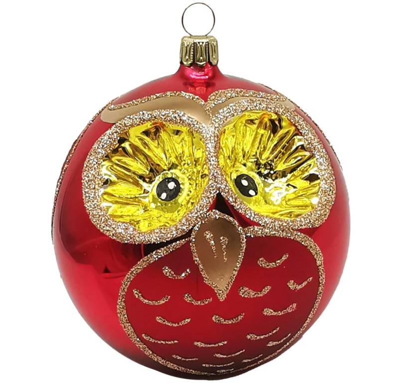 Schatzhauser Weihnachtsbaumkugel Eule Christbaumkugel Ø10cm rot glänzend (1 St), mundgeblasen, handbemalt von Schatzhauser