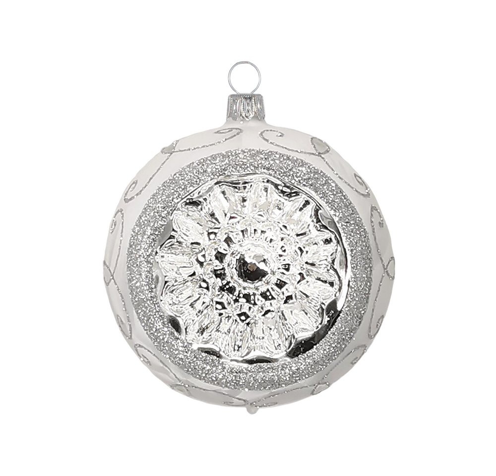 Schatzhauser Weihnachtsbaumkugel Reflexkugel Spitzenbordüre weiss Eis (1 St), mundgeblasen, handbemalt von Schatzhauser
