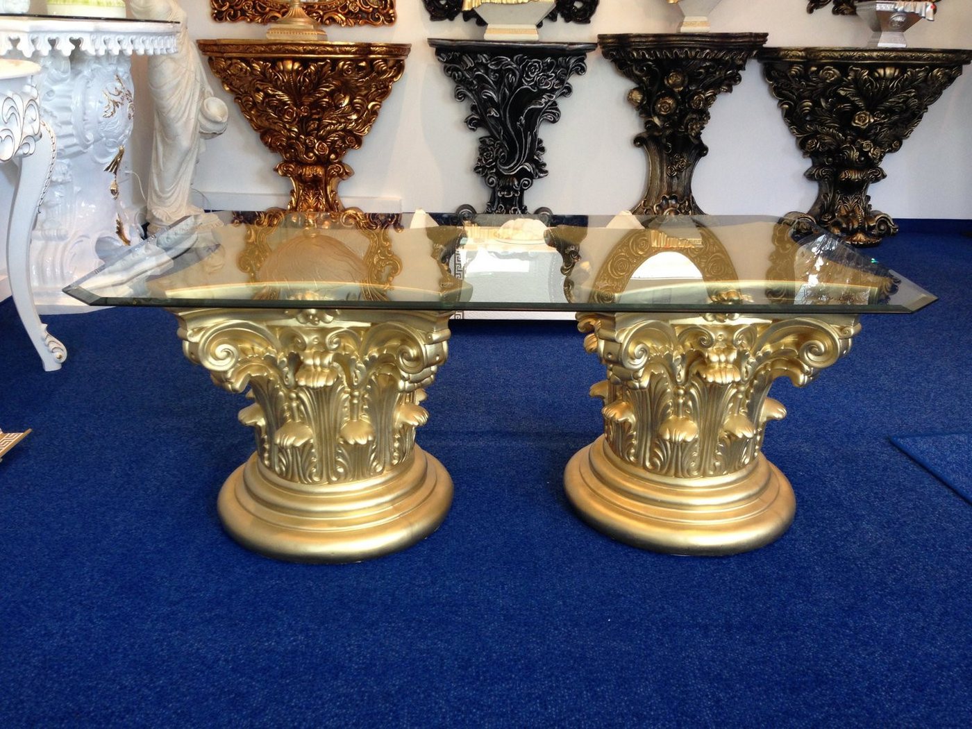 Schatzkiste1 Couchtisch Wohnzimmertisch Barockstil Antik Couchtisch Gold Mäander 130cm (2x Säulen + 1x Glasplatte), 130cm lang, 90cm Breit, 55cm hoch von Schatzkiste1