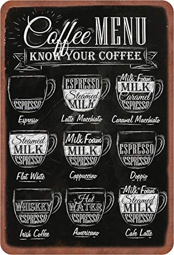 Schatzmix Blechschild Kaffee Coffee Menu Kaffeetypen Metallschild Wanddeko 20x30 tin Sign von ANGEL CITIZ