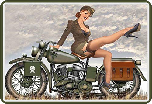 Schatzmix Blechschild Pinup Girl auf grünem Motorrad Metallschild Wanddeko 20x30 tin Sign von Schatzmix