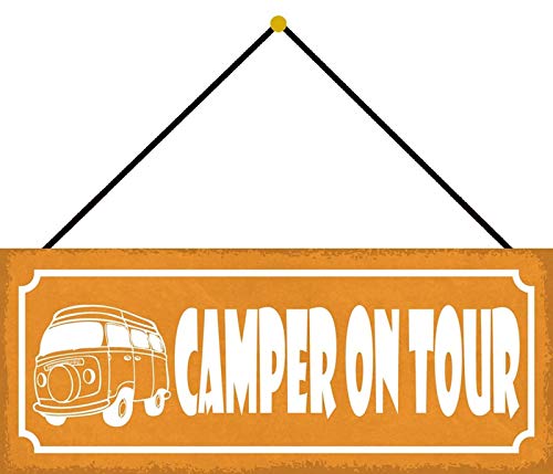 Schatzmix Camper on Tour Metallschild 27x10cm Dekoschild tin Sign mit Kordel Blechschild, Blech, Mehrfarbig, 27x10 cm von Schatzmix