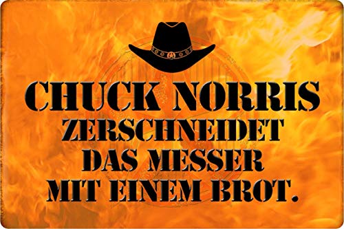 Schatzmix Blechschild Spruch Chuck Norris Messer mit Brot Metallschild Wanddeko 20x30 tin Sign von Schatzmix