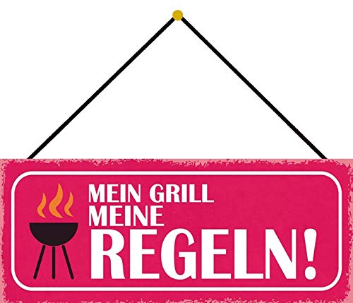 Schatzmix Grill Meine Regeln Metallschild 27x10cm Deko tin Sign m. Kordel Blechschild, Blech, Mehrfarbig, 27x10 cm von Schatzmix