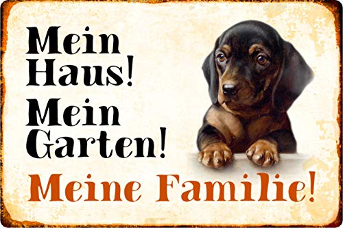 Schatzmix Blechschild Hund Mein Haus!Meine Familie! Dackel Metallschild Wanddeko 20x30 tin Sign von Schatzmix
