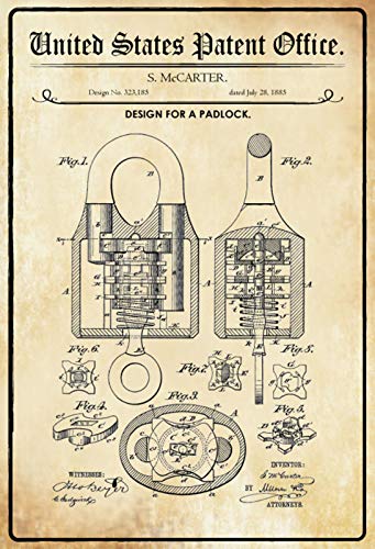 Schatzmix Patent Entwurf Padlock-Vorhängeschloss Metallschild Deko tin Sign Blechschild, Blech, Mehrfarbig, 20x30 cm von Schatzmix