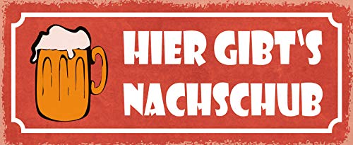 Schatzmix Spruch Bierkrug-Bild-Hier gibt's Nachschub Metallschild 27x10 Deko tin Sign Blechschild, Blech, Mehrfarbig, 27x10 cm von Schatzmix