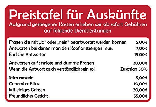 Schatzmix Spruch Preistafel für Auskünfte Metallschild 20x30 Deko tin Sign Blechschild, Blech, Mehrfarbig, 20x30 cm von Schatzmix