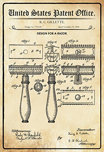 Schatzmix Patent Entwurf für EIN Rasierer-Gillette Metallschild Wanddeko 20x30 cm tin Sign Blechschild, Blech, Mehrfarbig von Schatzmix