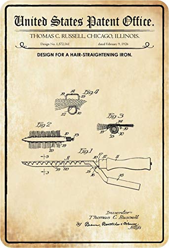Schatzmix Patent Entwurf für EIN Glätteisen-Russell Metallschild Wanddeko 20x30 cm tin Sign Blechschild, Blech, Mehrfarbig von Schatzmix