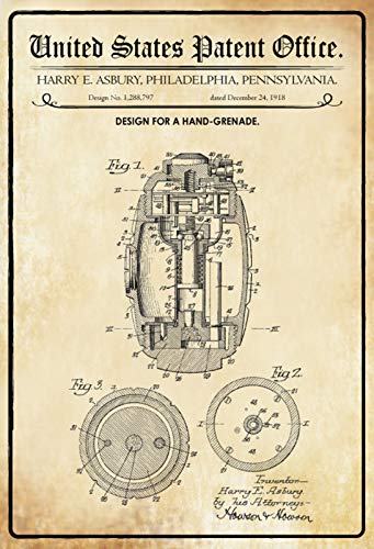 Schatzmix Patent Entwurf für Handgranate-Asbury Metallschild Wanddeko 20x30 cm tin Sign Blechschild, Blech, Mehrfarbig von Schatzmix