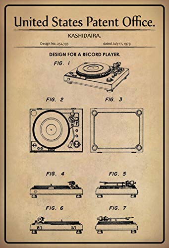 Schatzmix Patent Entwurf für Plattenspieler Kasidaira Metallschild Wanddeko 20x30 cm tin Sign Blechschild, Blech, Mehrfarbig von Schatzmix