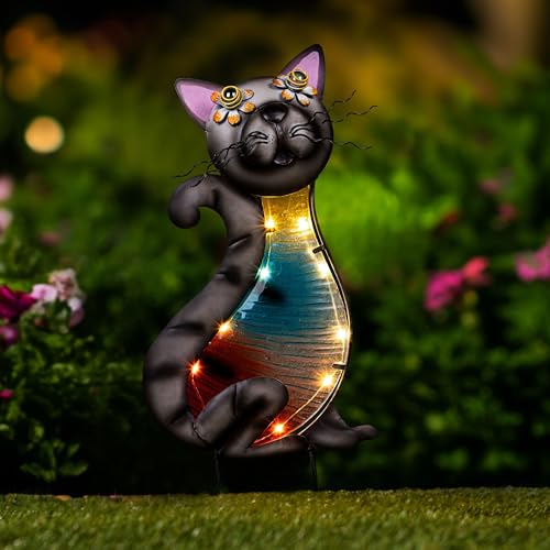 LED Solar Gartenstecker Katze 31 cm Gartendeko für Draußen | Gartendeko Katze - Gartenstecker Metall / Gartendeko Solar perfekt als Terrassen Deko & Balkon Deko | Metall Deko Garten Geschenk Garten von Schauer