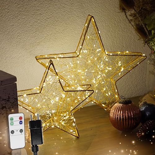 Schauer Strombetriebener LED Weihnachtsstern gold mit Fernbedienung & Timer - dimmbar - Dekostern beleuchtet mit warmweißen LEDs für Innen und Außen Weihnachtsdeko Fensterdeko (120 LEDs - B37xH36xT7) von Schauer